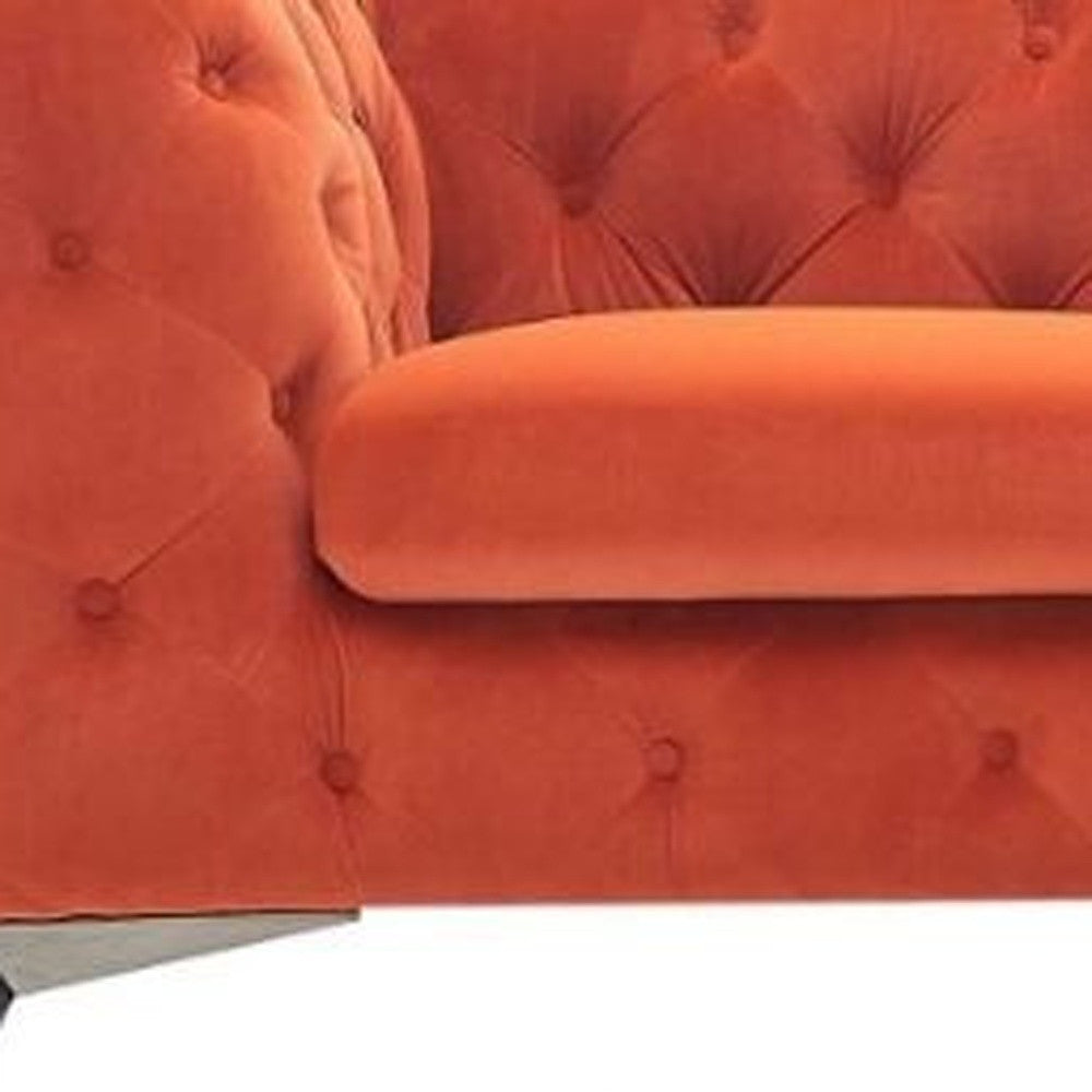 74" Orange And Silver Velvet Chesterfield Loveseat