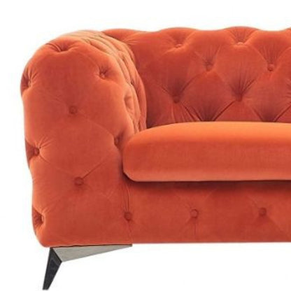 74" Orange And Silver Velvet Chesterfield Loveseat