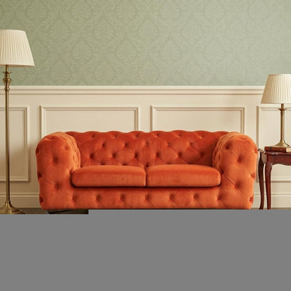 74" Orange And Silver Velvet Chesterfield Loveseat