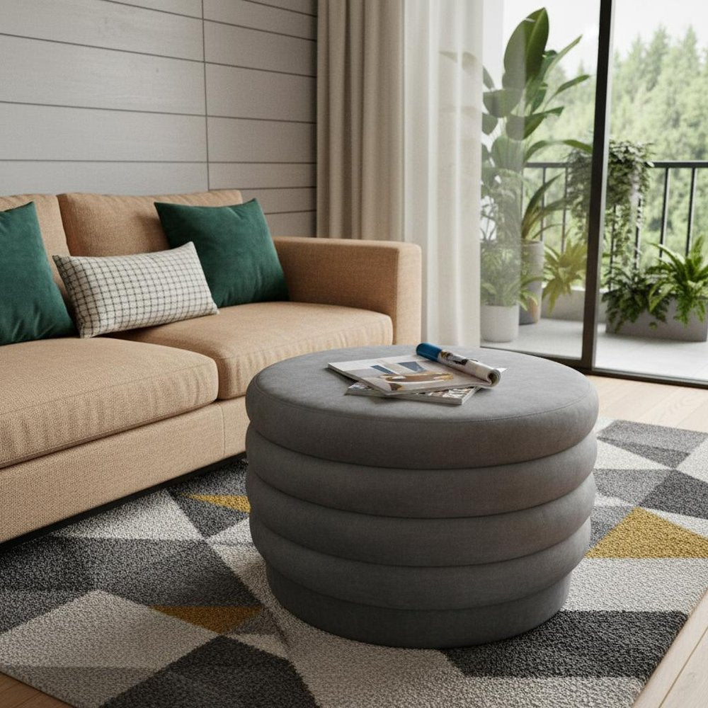 31" Gray Velvet Tufted Round Cocktail Ottoman