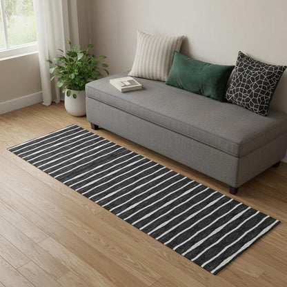 2' X 5' Black And White Modern Stripe Printed Vinyl Area Rug with UV Protection
