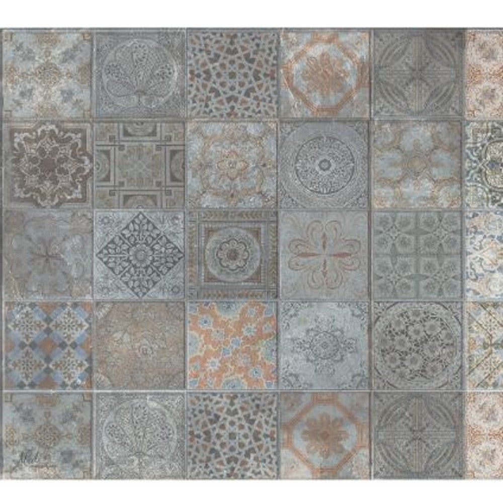 2' X 5' Brown And Gray Mosaic Tile Printed Vinyl Area Rug with UV Protection