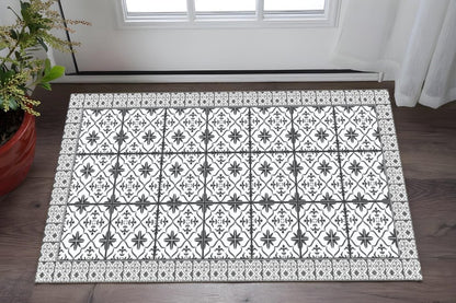 2' X 4' Dark Gray And White Tile Printed Vinyl Area Rug with UV Protection
