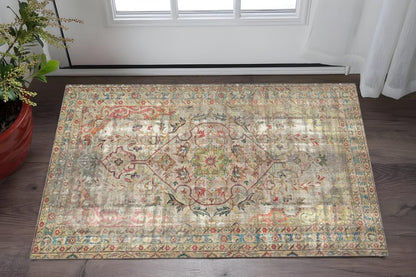 2' X 4' Red Brown And Blue Moroccan Printed Vinyl Area Rug With UV Protection