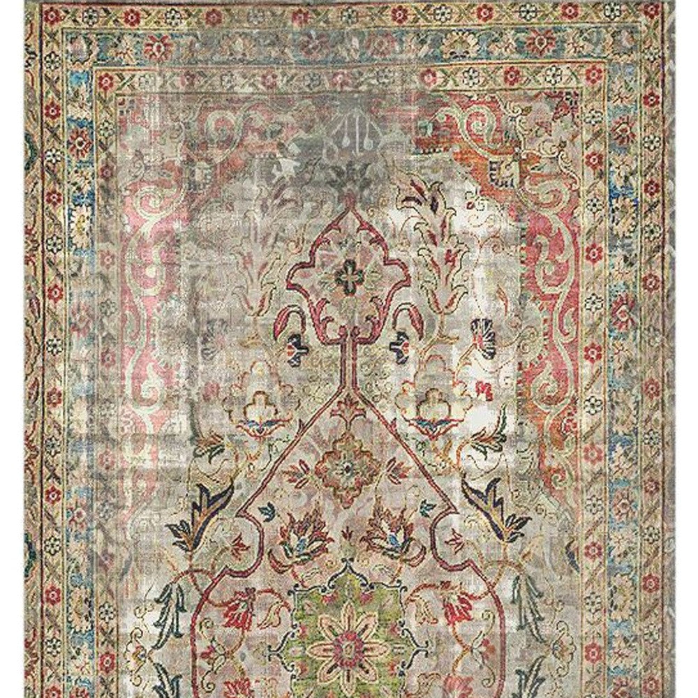 2' X 4' Red Brown And Blue Moroccan Printed Vinyl Area Rug With UV Protection