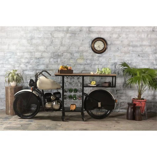 Black and White Metal And Solid Wood Rolling Bar Cart With Wine Storage