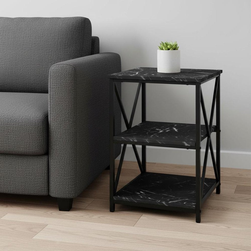 26" Black Square End Table With Two Shelves