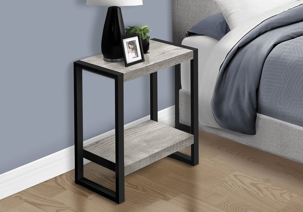 24" Gray And Black Distressed Wood And Iron Frame End Table With Shelf