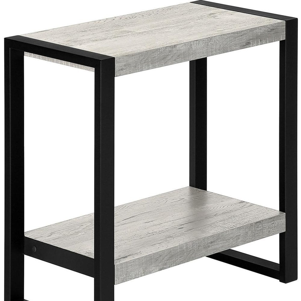 24" Gray And Black Distressed Wood And Iron Frame End Table With Shelf
