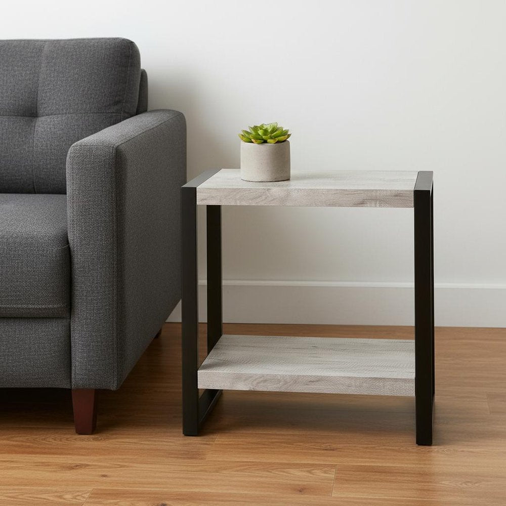 24" Gray And Black Distressed Wood And Iron Frame End Table With Shelf
