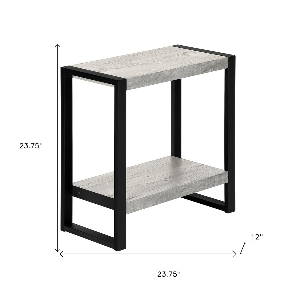 24" Gray And Black Distressed Wood And Iron Frame End Table With Shelf