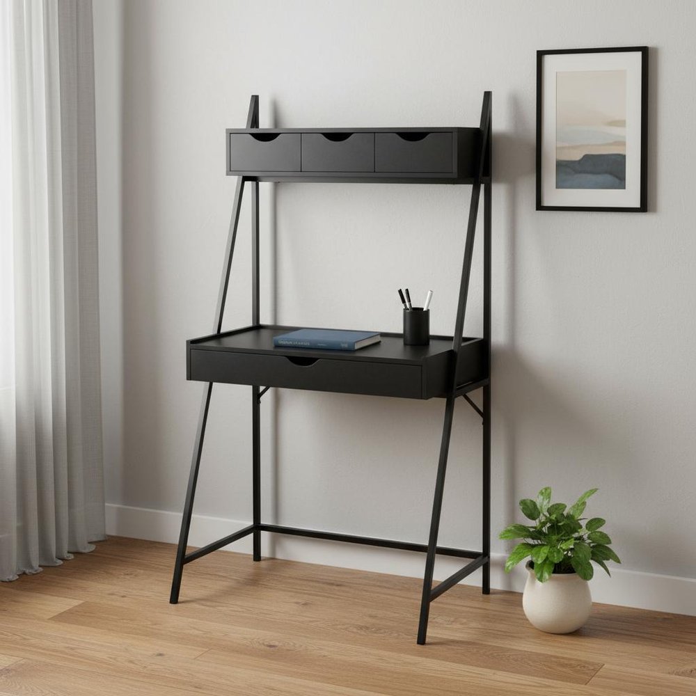 32" Black Computer Desk With Four Drawers
