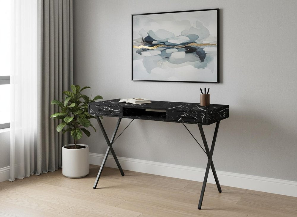 42" Black and White and Black Computer Desk With Two Drawers