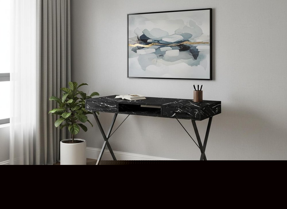 42" Black and White and Black Computer Desk With Two Drawers