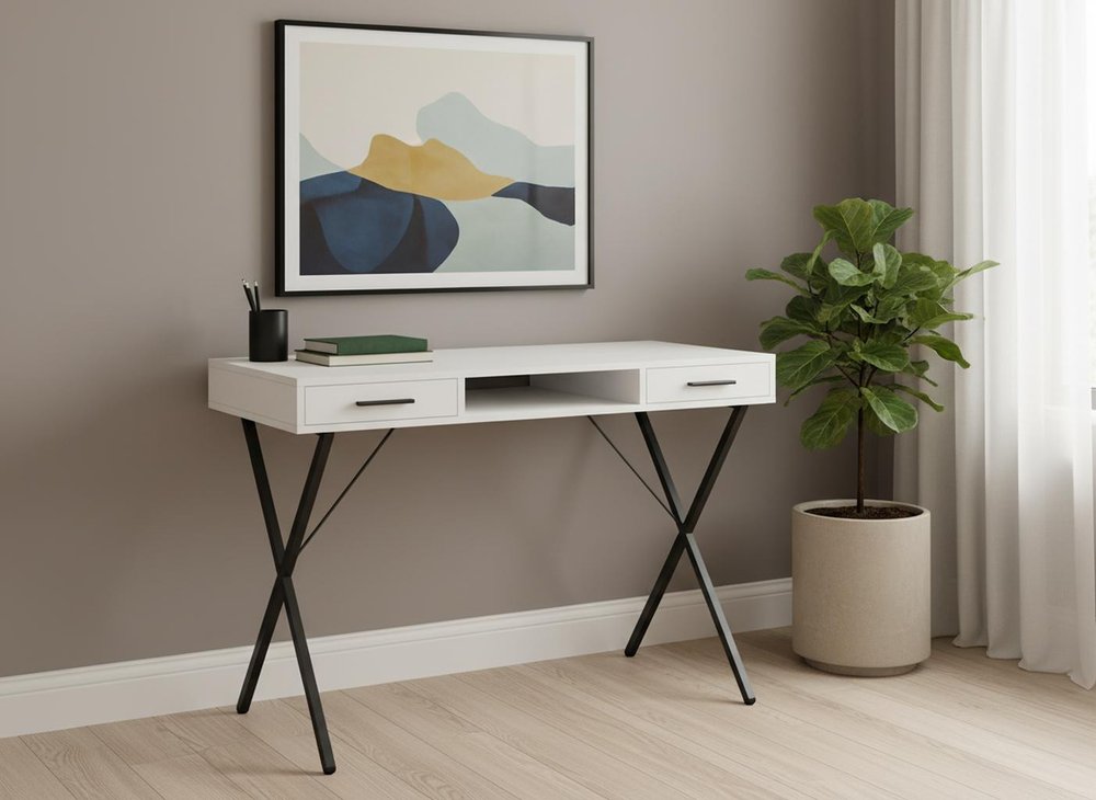 42" White and Black Computer Desk With Two Drawers