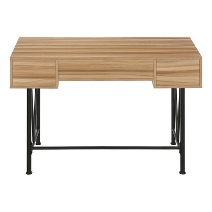 47" Light Brown And Black Wood And Iron Computer Desk With And Three Drawers