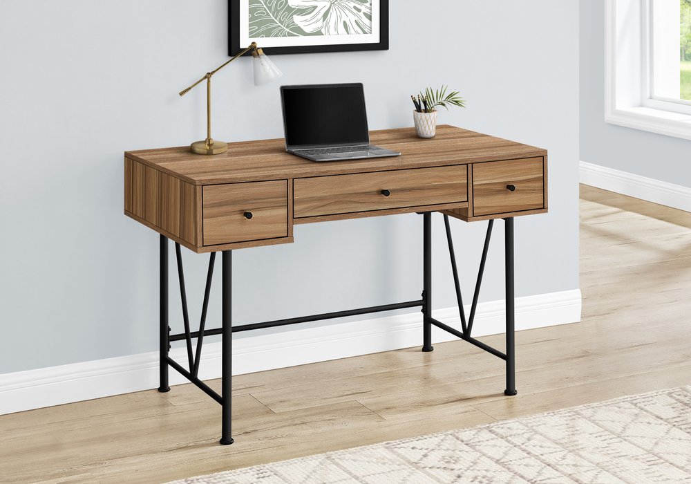 47" Light Brown And Black Wood And Iron Computer Desk With And Three Drawers