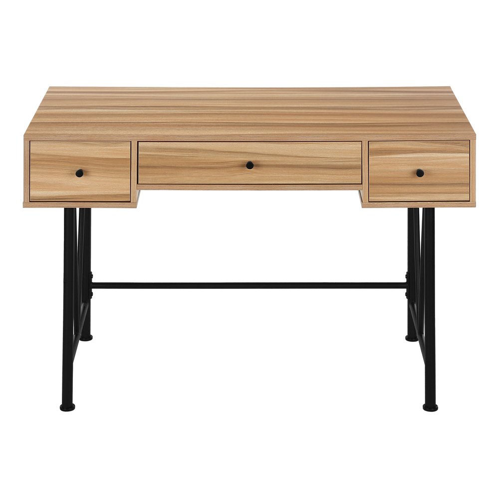 47" Light Brown And Black Wood And Iron Computer Desk With And Three Drawers
