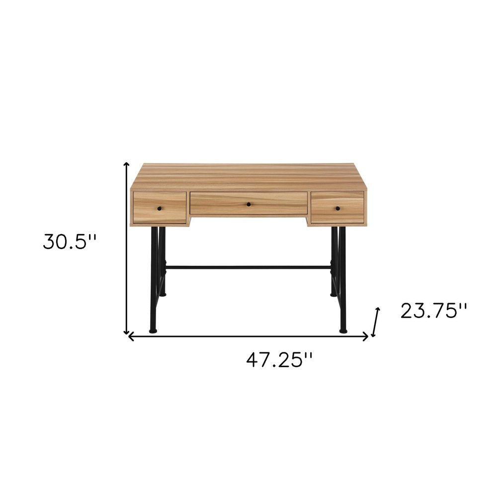 47" Light Brown And Black Wood And Iron Computer Desk With And Three Drawers