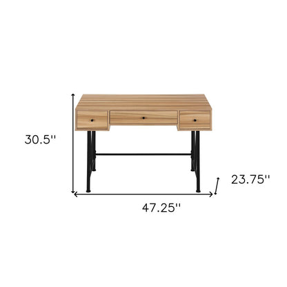 47" Light Brown And Black Wood And Iron Computer Desk With And Three Drawers