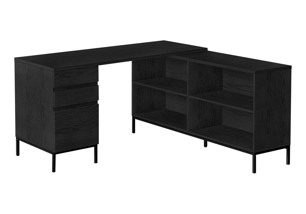 60" Black L Shape Computer Desk With Three Drawers