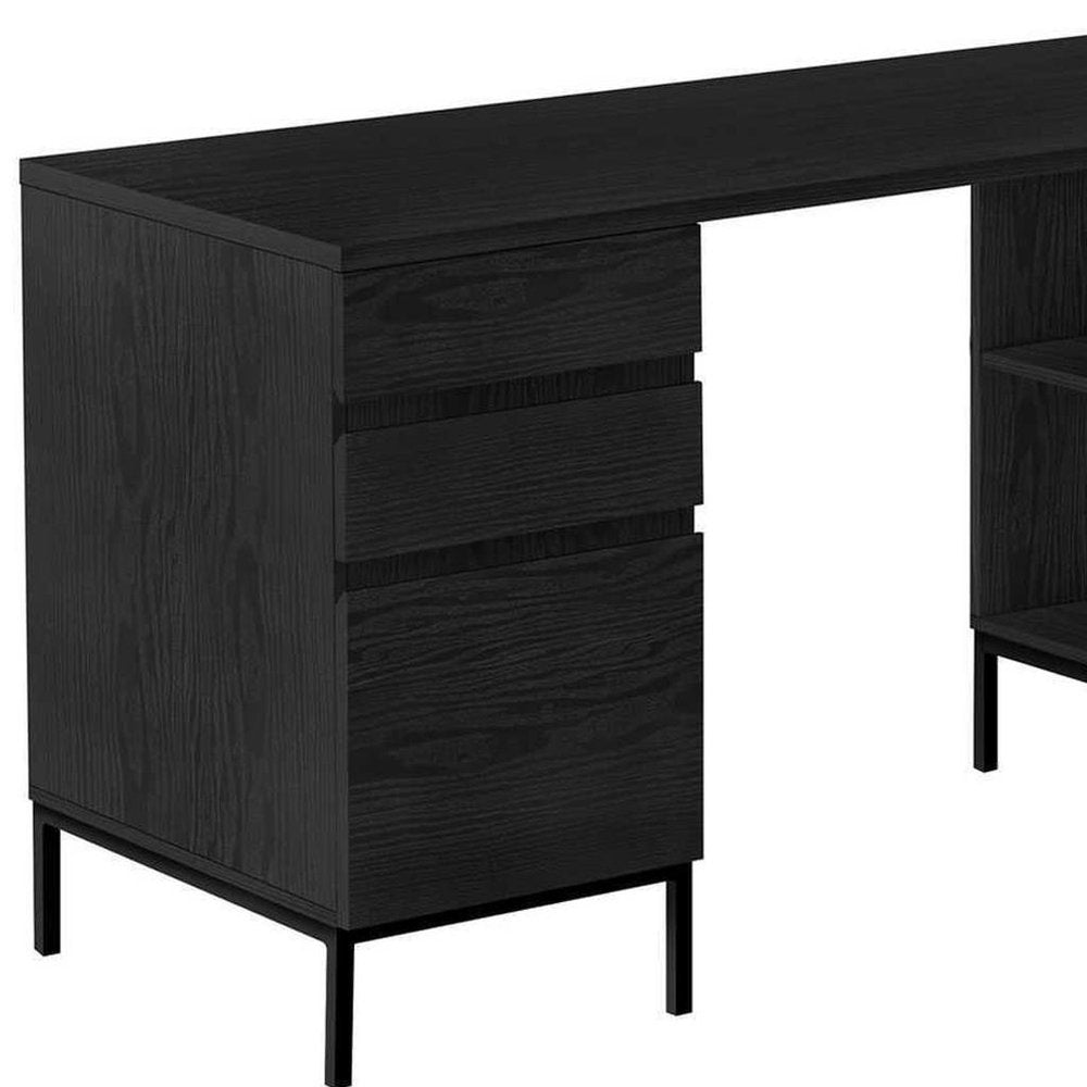 60" Black L Shape Computer Desk With Three Drawers