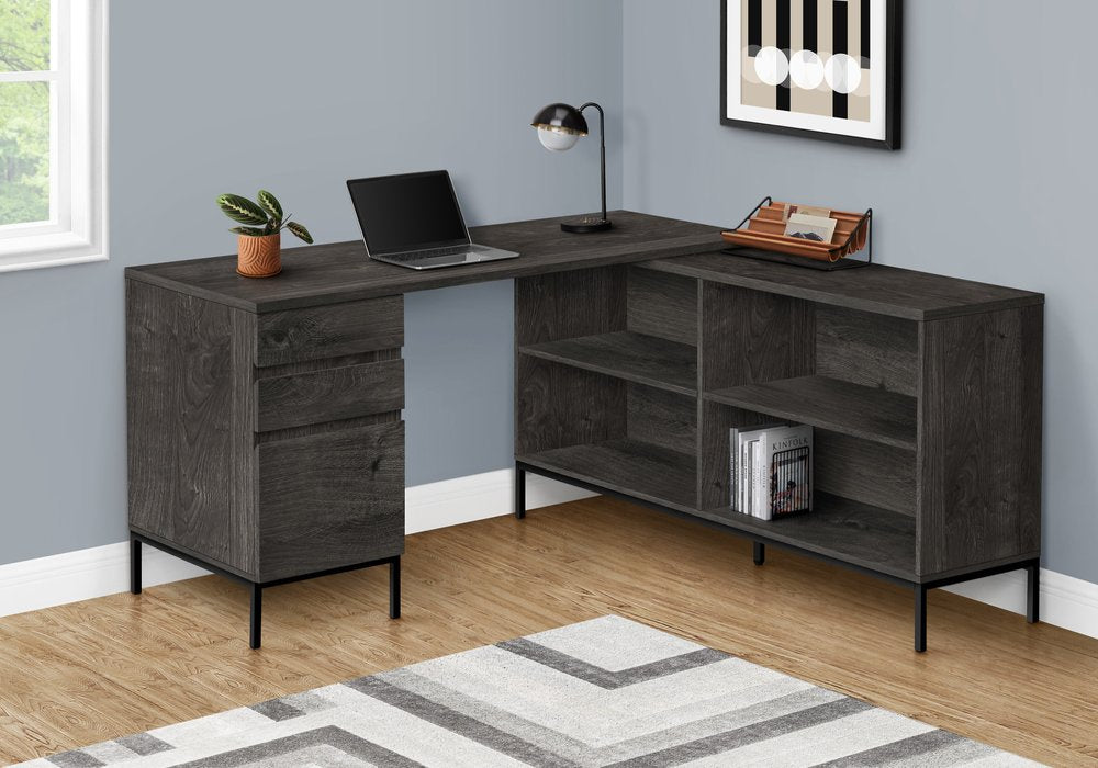 60" Gray and Black L Shape Computer Desk With Three Drawers