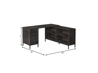 60" Gray and Black L Shape Computer Desk With Three Drawers