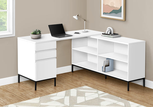 60" White and Black L Shape Computer Desk With Three Drawers