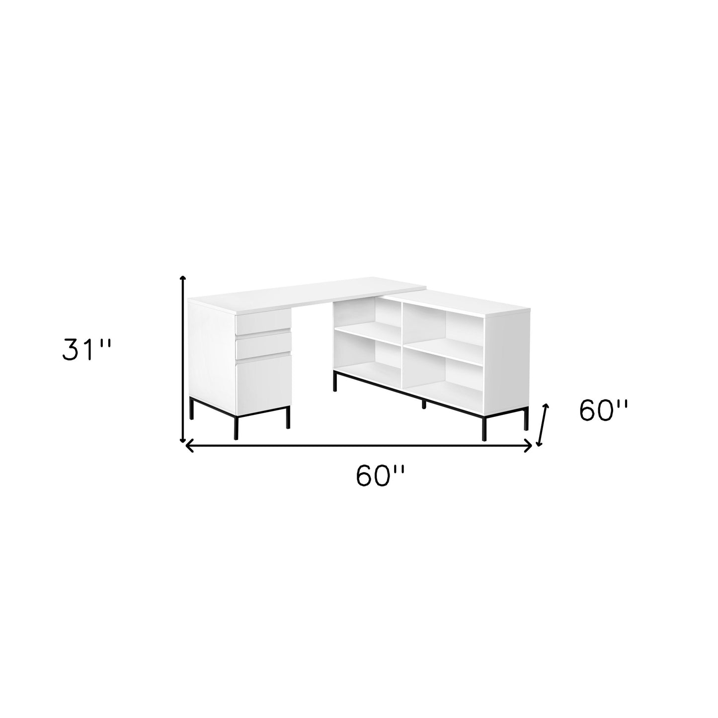 60" White and Black L Shape Computer Desk With Three Drawers