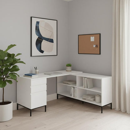 60" White and Black L Shape Computer Desk With Three Drawers