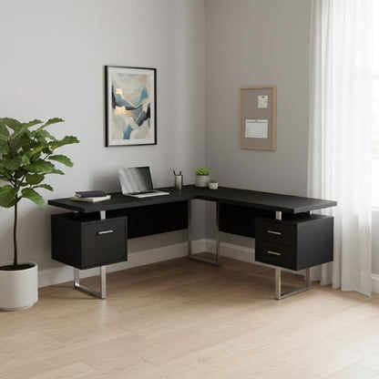 71" Black and Gray L Shape Computer Desk With Three Drawers