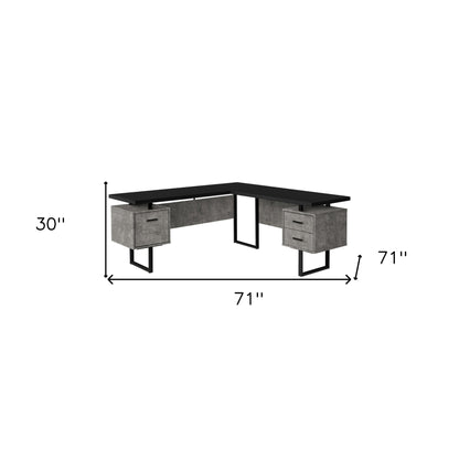 71" Black L Shape Computer Desk With Three Drawers