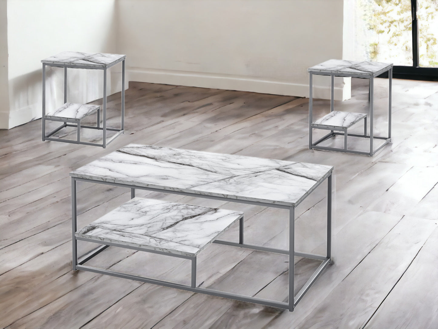 Set of Three 42" White Metal Coffee Table With Shelf