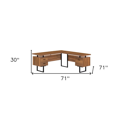 71" Brown and Black L Shape Computer Desk With Three Drawers