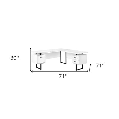 71" White and Black L Shape Computer Desk With Three Drawers