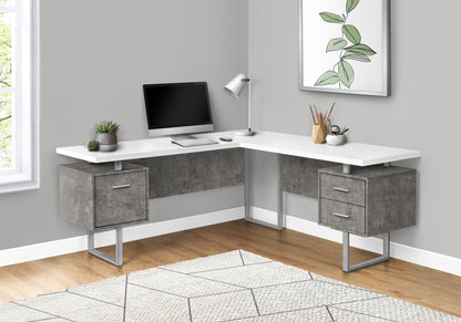 71" White and Gray L Shape Computer Desk With Three Drawers