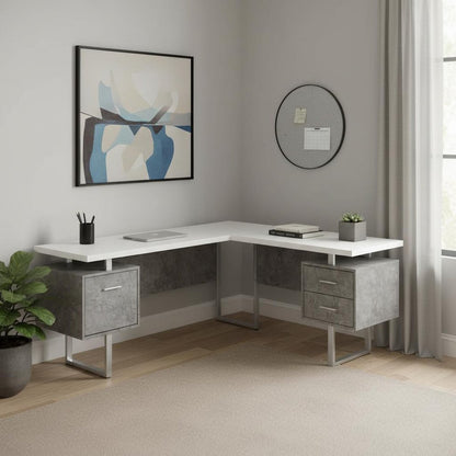 71" White and Gray L Shape Computer Desk With Three Drawers