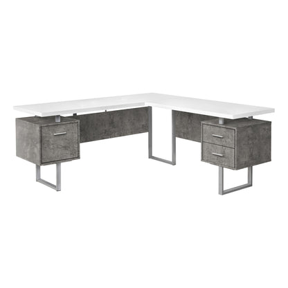 71" White and Gray L Shape Computer Desk With Three Drawers