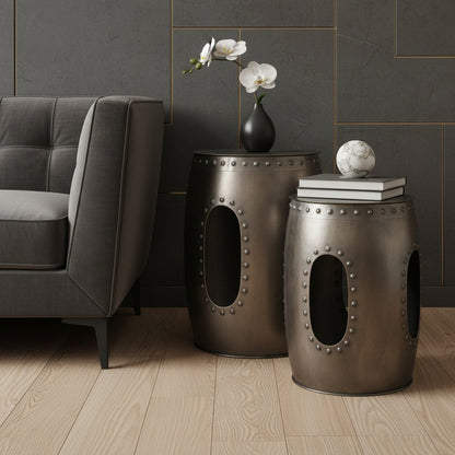 Set of Two Nickel Iron Round Drum End Tables