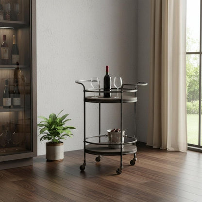 Dark Gray Iron And Solid Wood Round Rolling Bar Cart