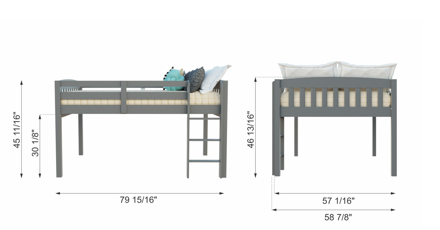 Gray Solid Wood Twin Size Low Loft Bed