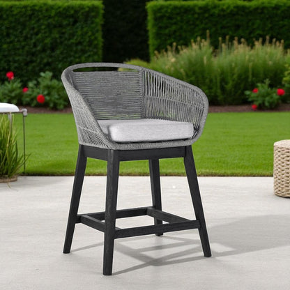 38" Light Gray Solid Wood Low back Outdoor Bar Height chair with Footrest