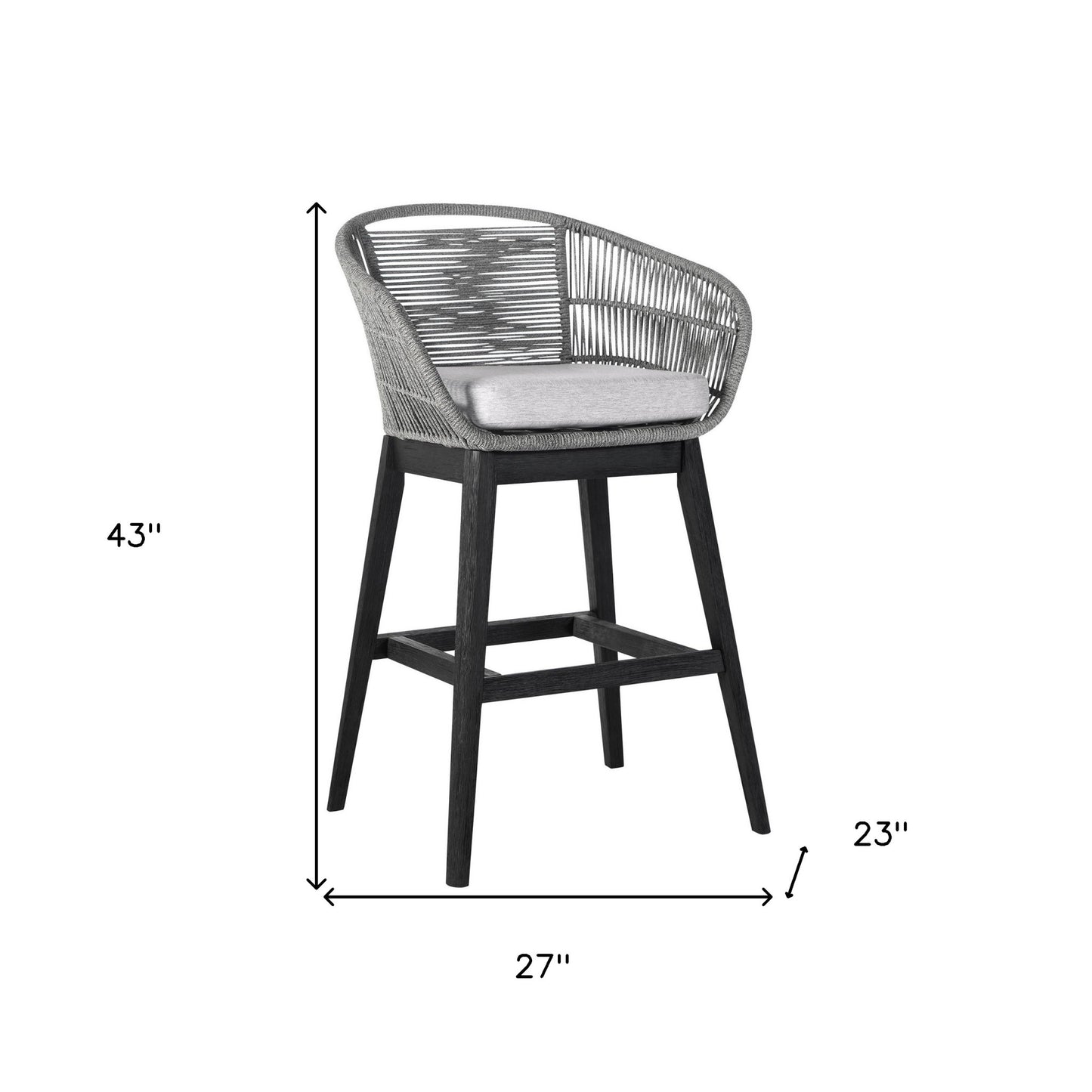 43" Light Gray Solid Wood Low back Outdoor Bar Height chair with Footrest