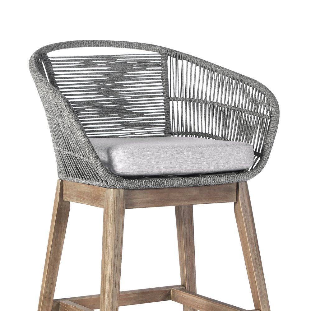 38" Light Gray Solid Wood Low back Outdoor Bar Height chair with Footrest