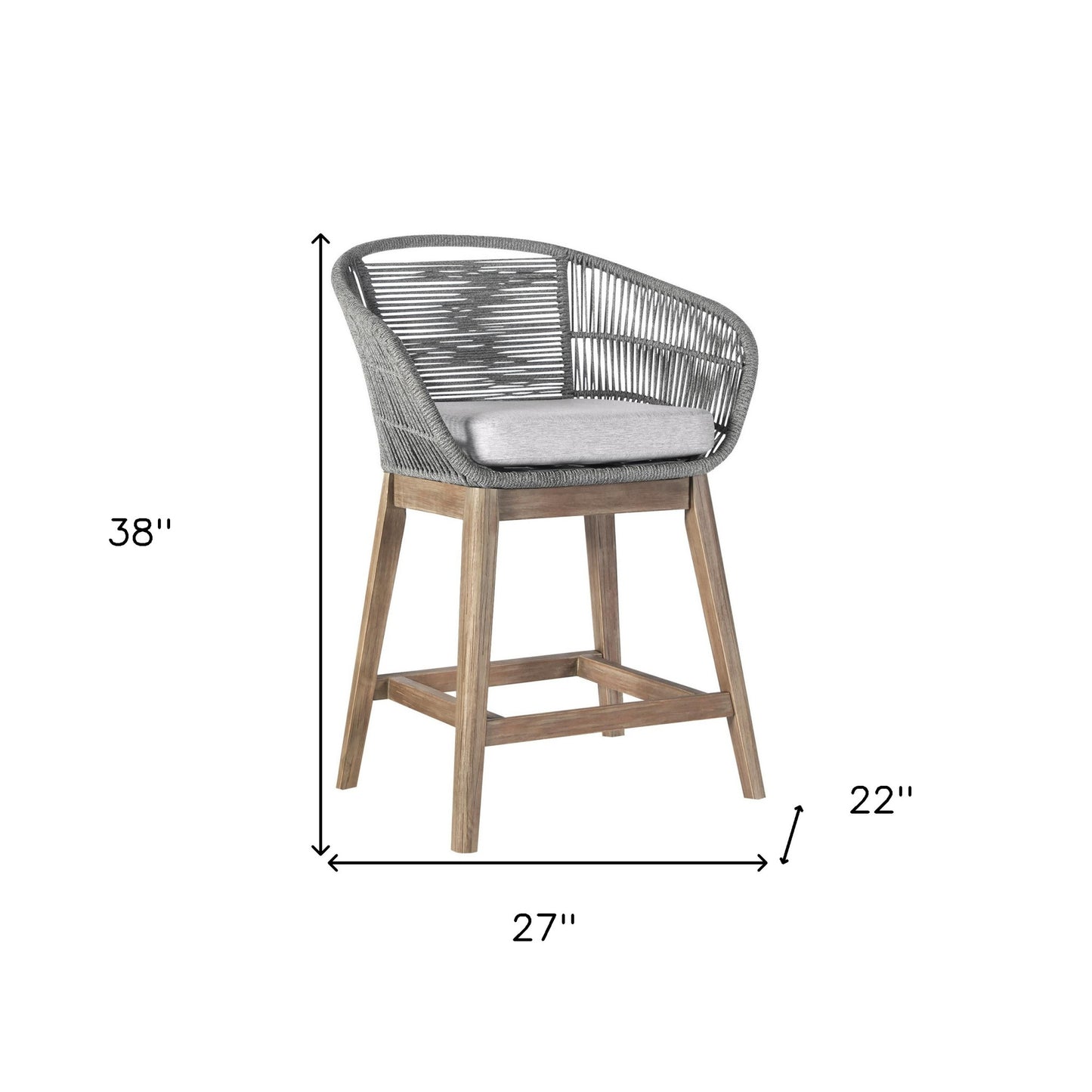 38" Light Gray Solid Wood Low back Outdoor Bar Height chair with Footrest