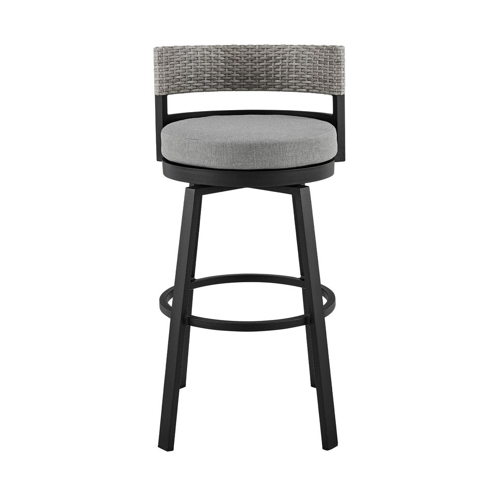 33" Light Gray Metal Swivel Low back Outdoor Bar Height chair with Footrest