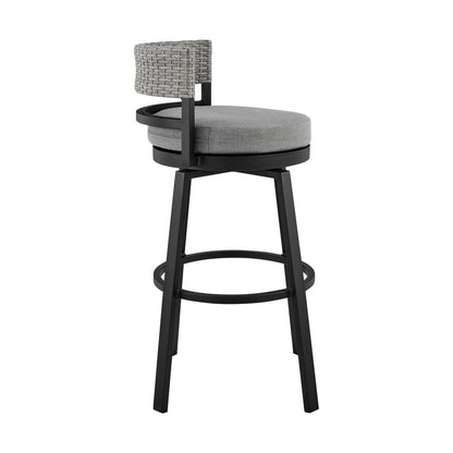 33" Light Gray Metal Swivel Low back Outdoor Bar Height chair with Footrest