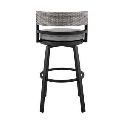 38" Light Gray Metal Swivel Low back Outdoor Bar Height chair with Footrest