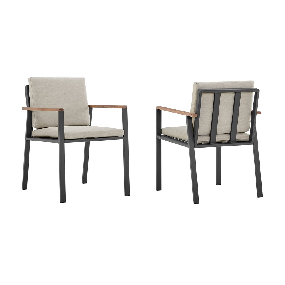 Set of Two 22" Light Gray Solid Wood Outdoor Dining Chair with Taupe Cushion